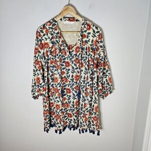 Roller Rabbit Indian Blockprint Mini Dress Tassels Floral Long Sleeve Multi XL